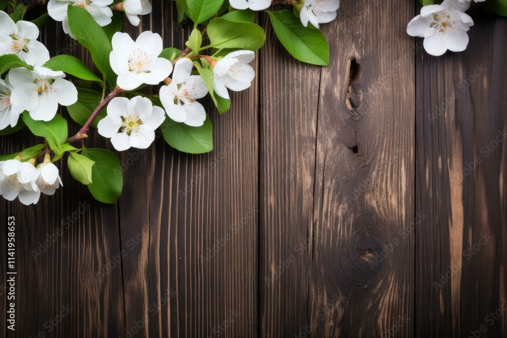 Poster spring flowers on dark wooden planks creating a beautiful background with empty space for text