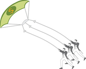 Three businessmen pulling and rising banknote kites together, currency appreciation, international monetary policy, international currency exchange rate regulation