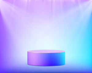 Empty podium or stage with copy space. On modern neon background. Stock vector illustration
