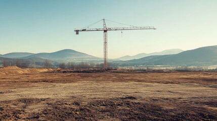 Obraz premium A barren landscape with a single tower crane towering over the start of a new development project