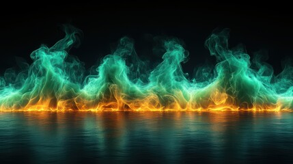 Teal and orange flames reflected on dark water.