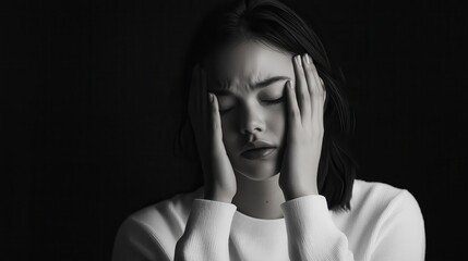 Woman closing her eyes tightly, holding her forehead in response to intense stress