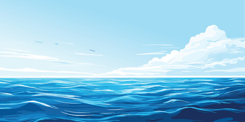 Summer calmness seascape. Blue sea or ocean, blue clear sky. Small waves, ripples on the water. Vector illustration.