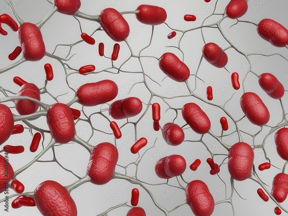 Poster microscopic view of red bacteria with interconnected structures on a light background.