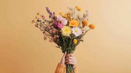 Obraz premium A Colorful Bouquet of Flowers Held High in Hands
