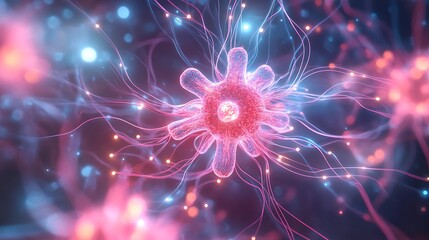 Stunning 3D Render of a Virus Particle in a Neural Network. AI Generated