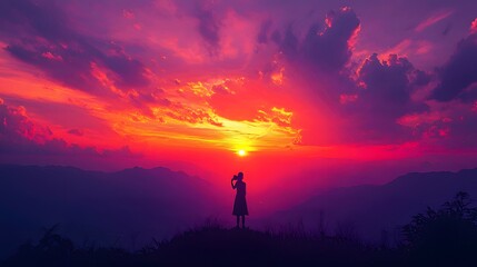 Fototapeta premium Silhouette of a woman at sunset, embracing the beauty of nature with vibrant skies.