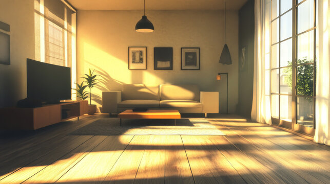 
A modern living room bathed in sunlight, with large floor-to-ceiling windows that allow natural light to flood the space