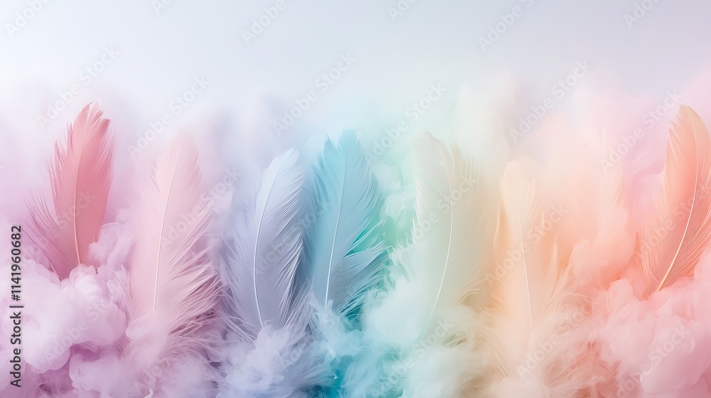 Poster calm environment soft feathers and colorful clouds in an abstract digital illustration
