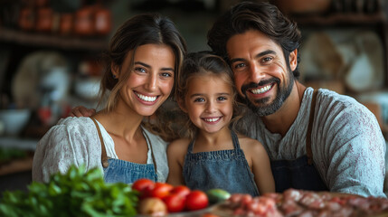 Naklejka premium Cute little girl and her beautiful parents are cutting vegetables and smiling while cooking in kitchen at home