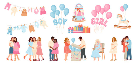 Collection vector pregnant girl, couple, young parents for baby shower People celebrating, introducing newborn arrival, infant birth Gender reveal party elements 'Girl' 'Boy' balloons, gifts, clothes