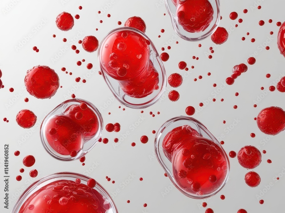 Poster red droplets suspended in liquid, creating a dynamic, abstract composition.