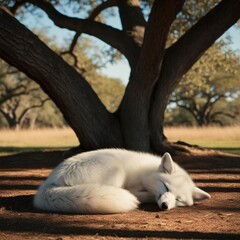 Fototapeta premium 木や穴蔵で休む白キツネ