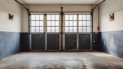 Home insulation is crucial for energy efficiency, and this image showcases a spacious garage with large doors, emphasizing aspects of space and potential renovations.