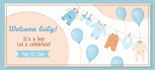 Horizontal banner design with tender baby boy clothes. Gender reveal party banner with blue balloons and infant accessories. Ideal for baby shower invitations, cards and party decor Festive vector