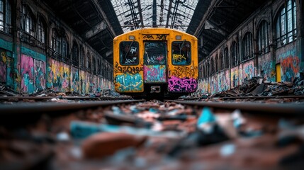 Obraz premium A faded yellow train sits in a graffiti-covered depot, showcasing urban decay, artistry, and the passage of time through vibrant colors and textures.