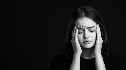 A young woman suffering from a headache, holding her forehead with a pained expression