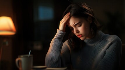 A young woman suffering from a headache, holding her forehead with a pained expression