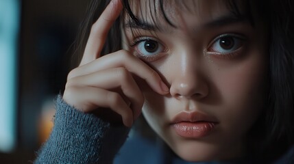 Close-up of a woman with her hand on her temple, dealing with tension and discomfort