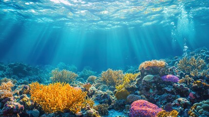 Naklejka premium Vibrant Coral Reef Underwater Scene with Rays of Sunlight