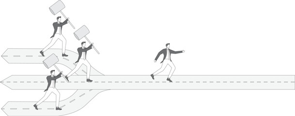 Three managers with hammers hitting runaway small businessman, pressure, government and politics