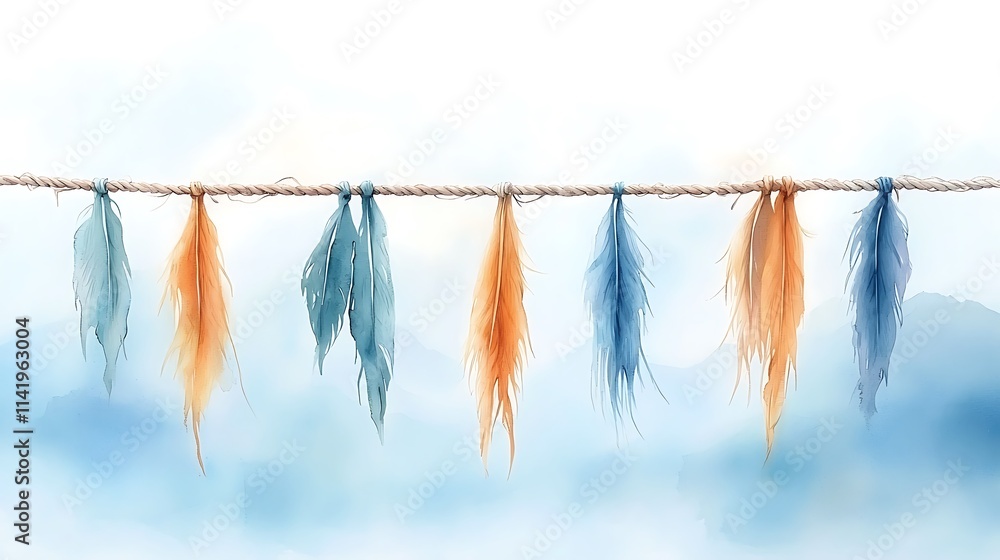 Poster artistic display of colorful feathers on a string outdoor digital artwork calm atmosphere