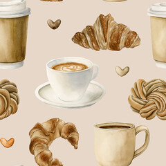 Coffee tea cups and fresh bakery dessert. Hot beverages and pastries. Seamless watercolor pattern on beige background
