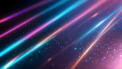 Obraz premium Dynamic Neon Lights and Bokeh Abstract Background. Vibrant glowing particles, luminous streaks and blurred circles flow on a dark bg. Energetic blue, pink, purple, orange neon illumination effect