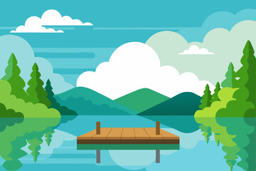 Beautiful Lake View with Pier and Tree Reflections Under Clear Sky