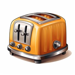 This vintage retro toaster showcases a shiny metal body with two perfectly toasted slices of bread popping up. It is elegantly placed against a clean white background, ideal for kitchen décor.