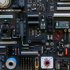 Fototapeta premium Flat lay composition of industrial tools on black background with space for text