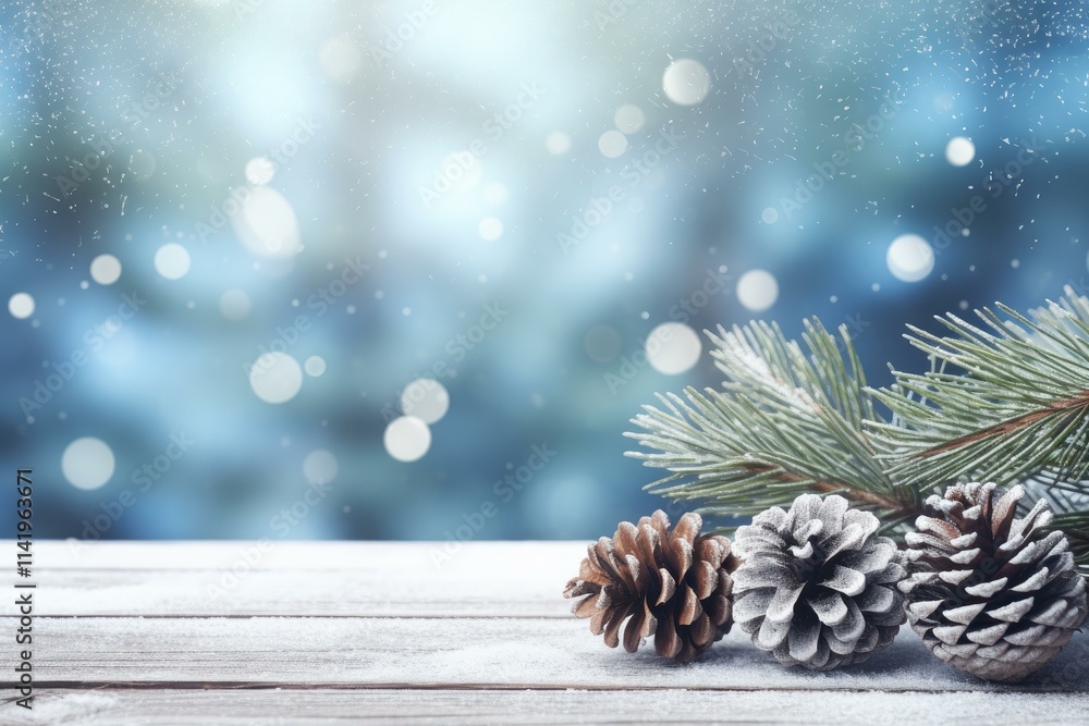 Poster snowy pine cones and branches on a wooden surface create a festive winter scene with a soft blue bok