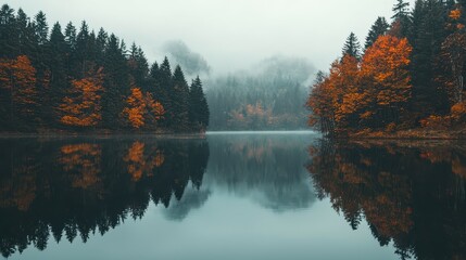 Serene Autumn Reflections in a Calm Lake Surrounded by Trees