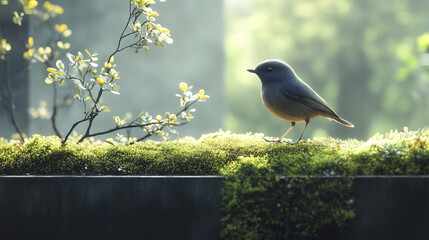 small bird perched on green roof, surrounded by lush foliage and sunlight