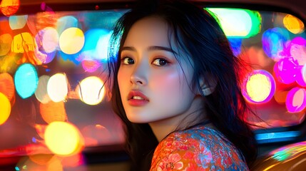 Fototapeta premium A young Asian woman with a serene expression amidst vibrant bokeh lights at night.