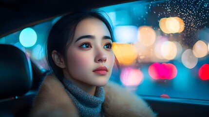 Thoughtful young Asian woman gazes out of a car window on a rainy night.