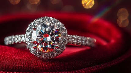 Fototapeta premium Diamond Engagement Ring Rests on Red Velvet