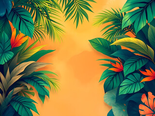 Artistic illustration. A tropical summer landscape. Plant leaves on an orange background