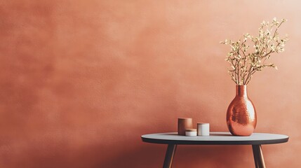 Simple terracotta wall with a monochrome table and copper vase, creating a minimalist scene for product promotions and mockups
