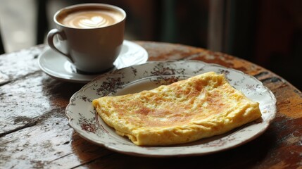 A cheesy omelet folded and served on a vintage plate, accompanied by a cup of cappuccino