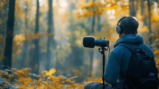 sound designer recording natural ambiance in a forest