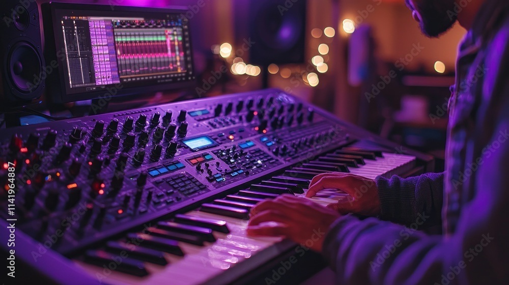 Poster a man is playing a keyboard in a studio