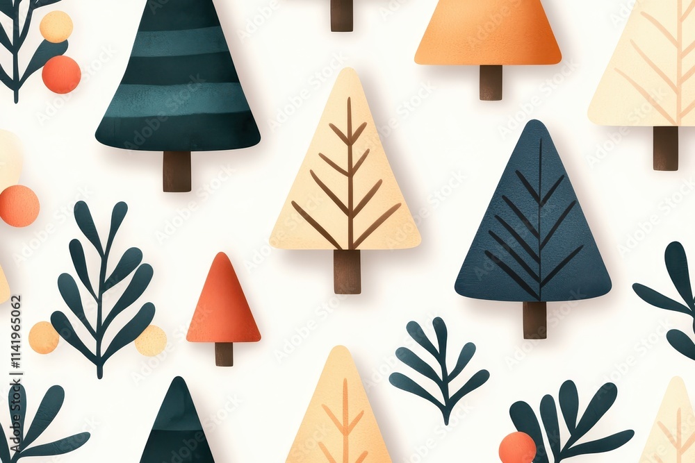 Poster a colorful pattern featuring stylized trees and leaves in various shapes and colors, ideal for natur