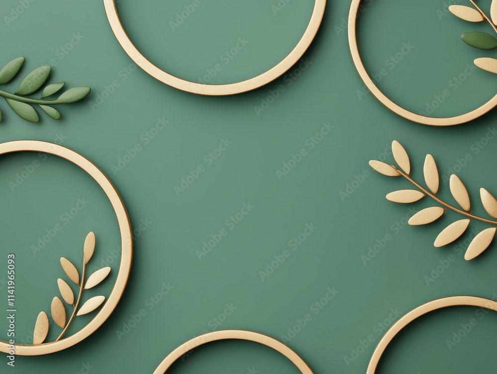 Poster a minimalist arrangement of circular frames and green leaves on a textured teal background, creating