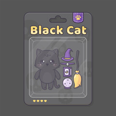 cute black cat toy in blister packaging design