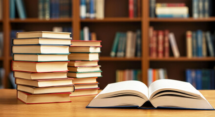 Stacked books and an open book on a library desk
