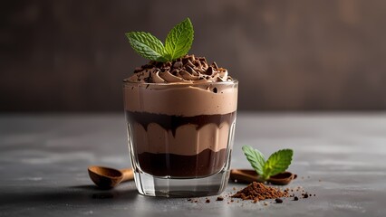 Mocha mousse dessert in an elegant glass cup. The mousse features rich chocolate and coffee layers with a smooth, creamy texture, topped with delicate chocolate shavings and a sprig of fresh mint.
