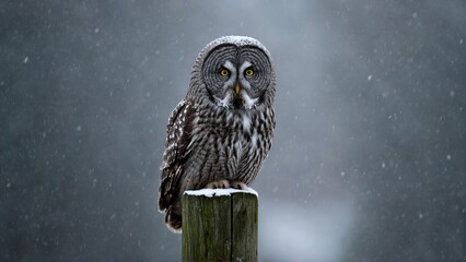 Grey owl perched on a snow-covered post during a winter storm