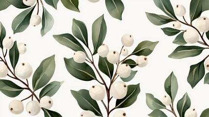 A botanical pattern featuring green leaves and clusters of white berries on a light background, ideal for nature-themed designs.