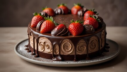 A luxurious Mocha Mousse cake with a smooth coffee and chocolate base, crowned with sliced strawberries arranged in a flower pattern.